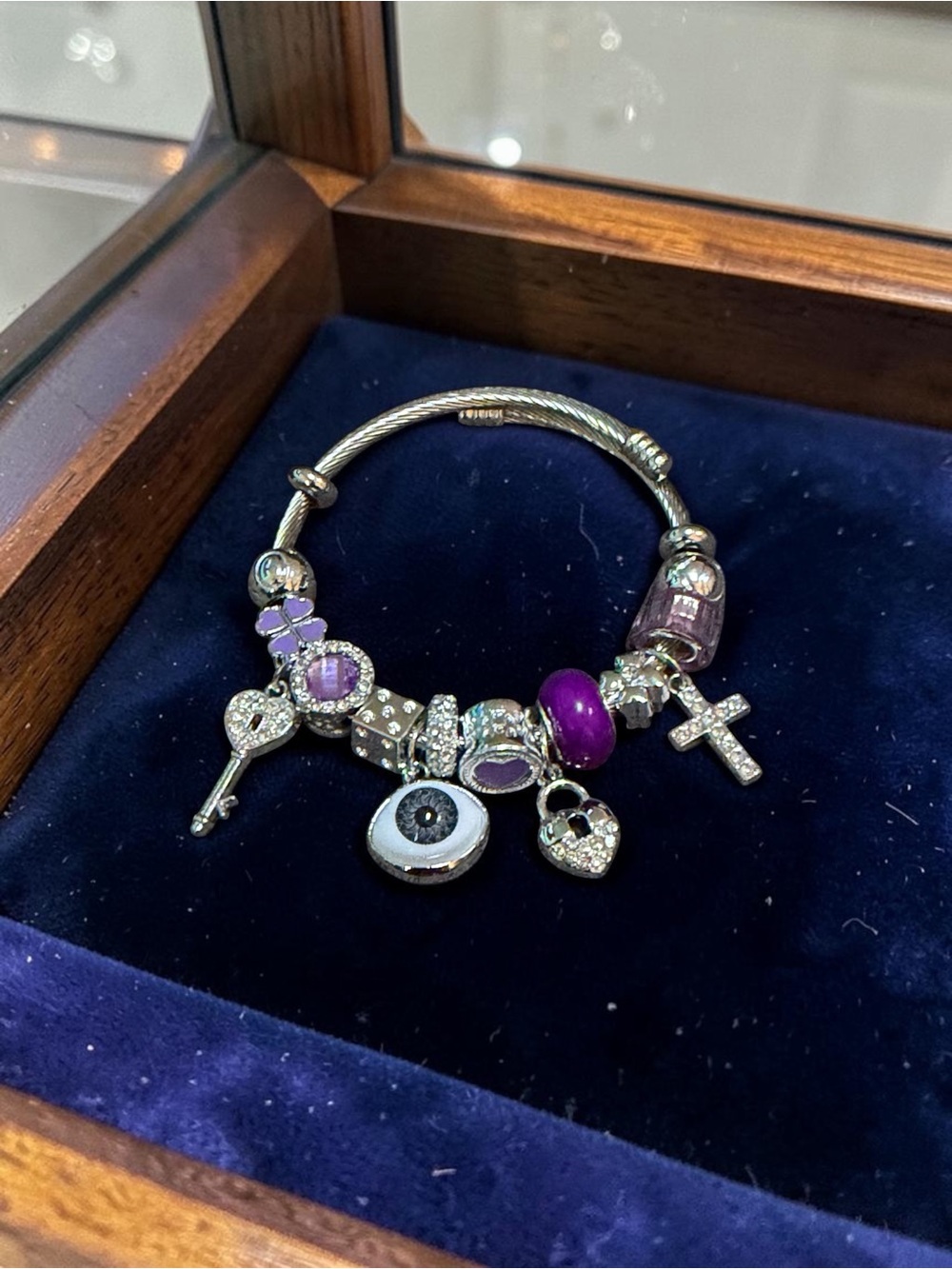Silver Charm Adjustable Twisted Bang with Purple Beads and Dangle Charms
